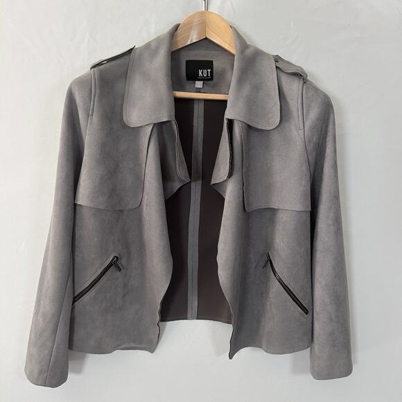 KUT from the Kloth Moto Jacket Gray Faux Suede Waterfall Size Small - Picture 1 of 6